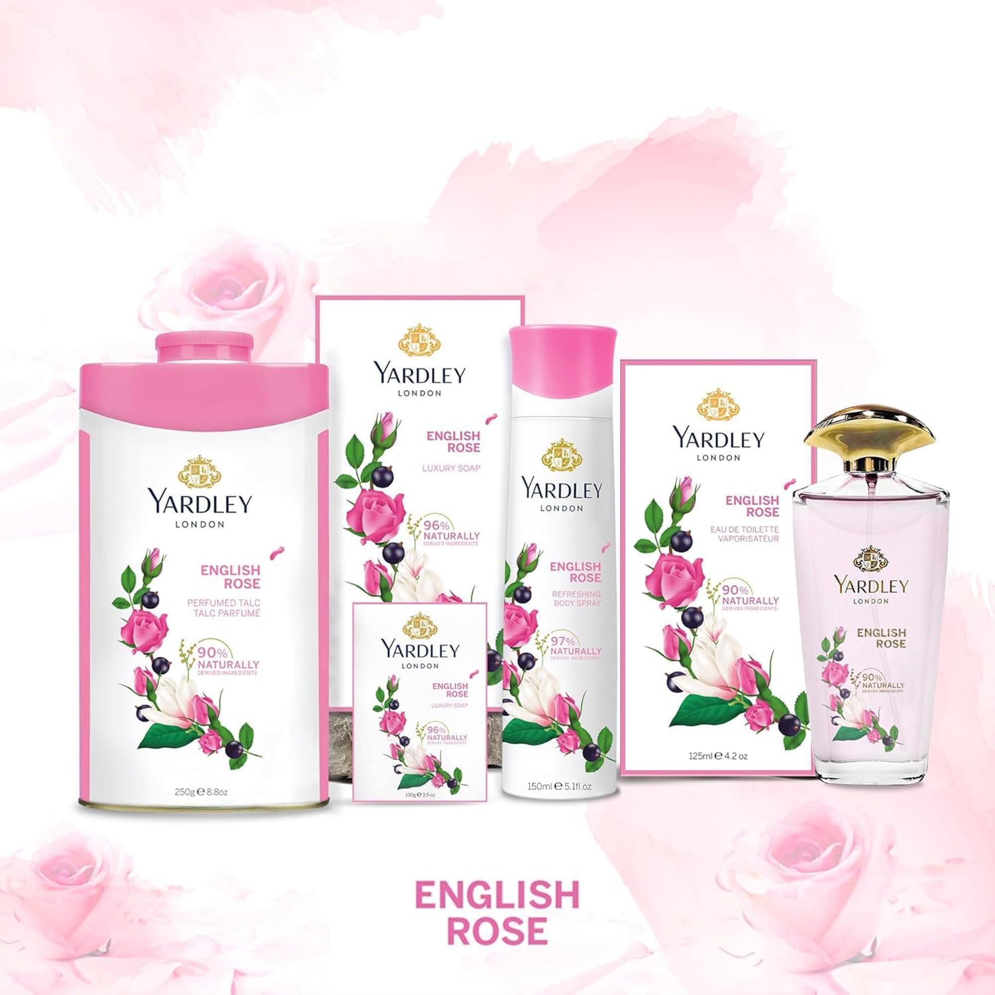 Hand dusting Yardley Rose talc demonstrating quick refresh and comfort benefit
