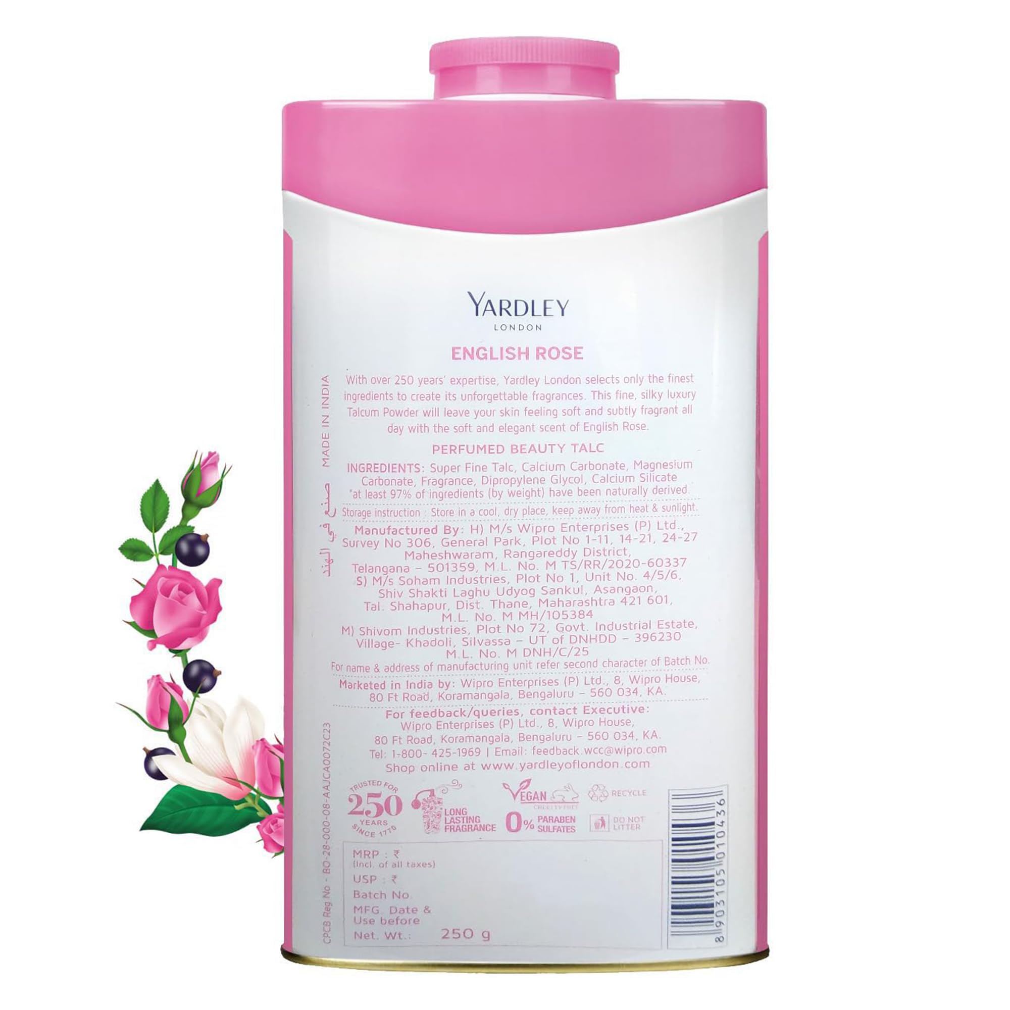 Yardley jar open showing rose talc and easy access for application benefit