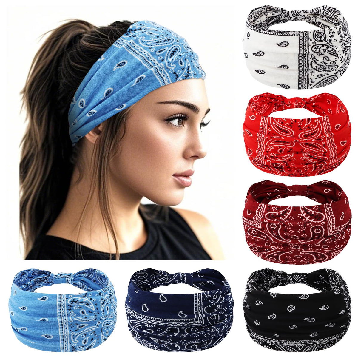 YARIEW front view of six-pack headbands showing colors and packaging, stylish and ready