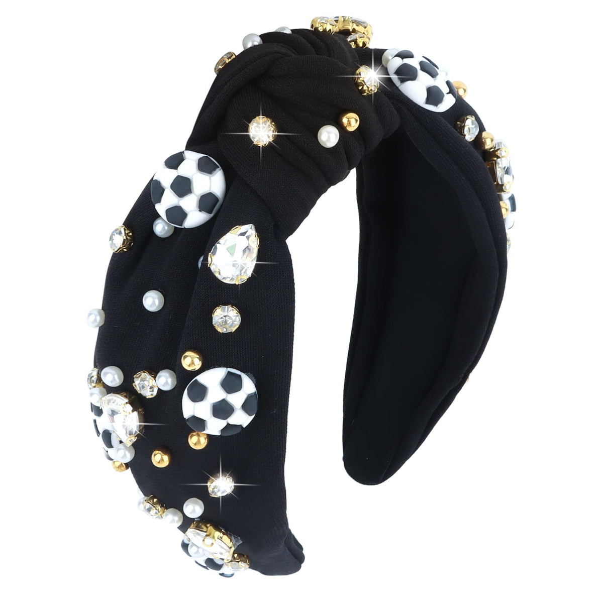 YARIEW front view of black jeweled knotted headband for polished game-day style