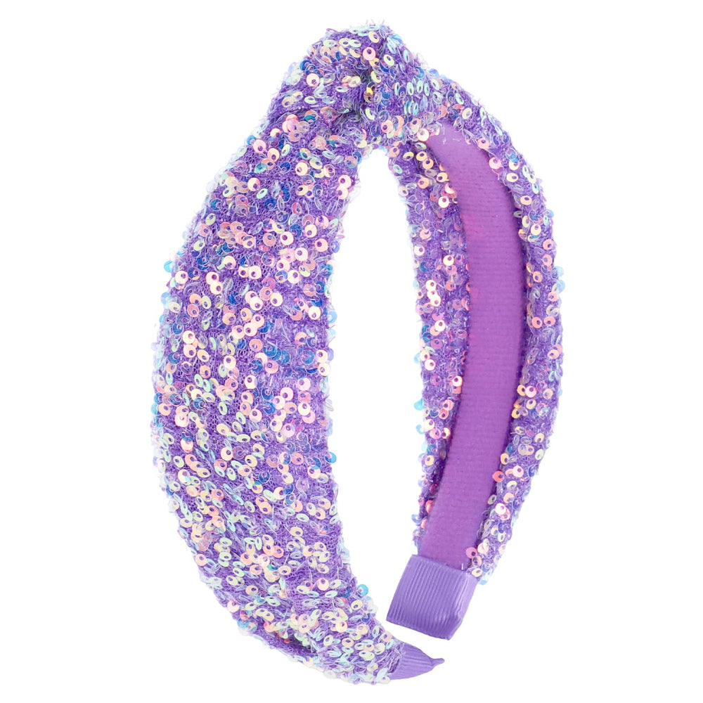 YARIEW purple headband front view showing glitter and wide knot for stylish accessorizing