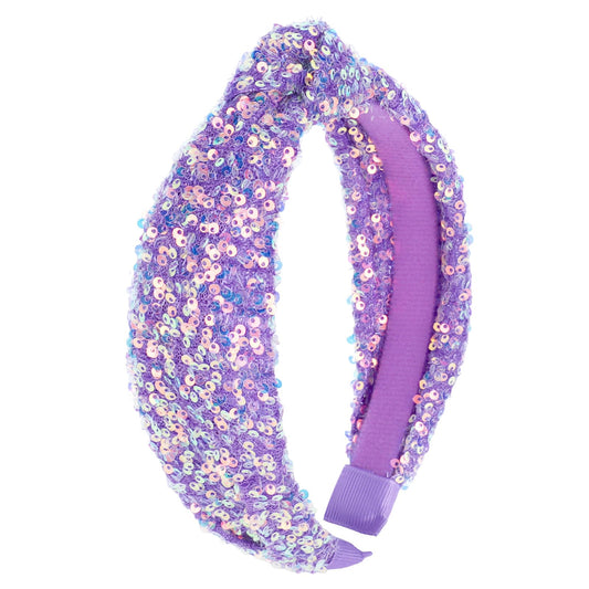 YARIEW purple headband front view showing glitter and wide knot for stylish accessorizing