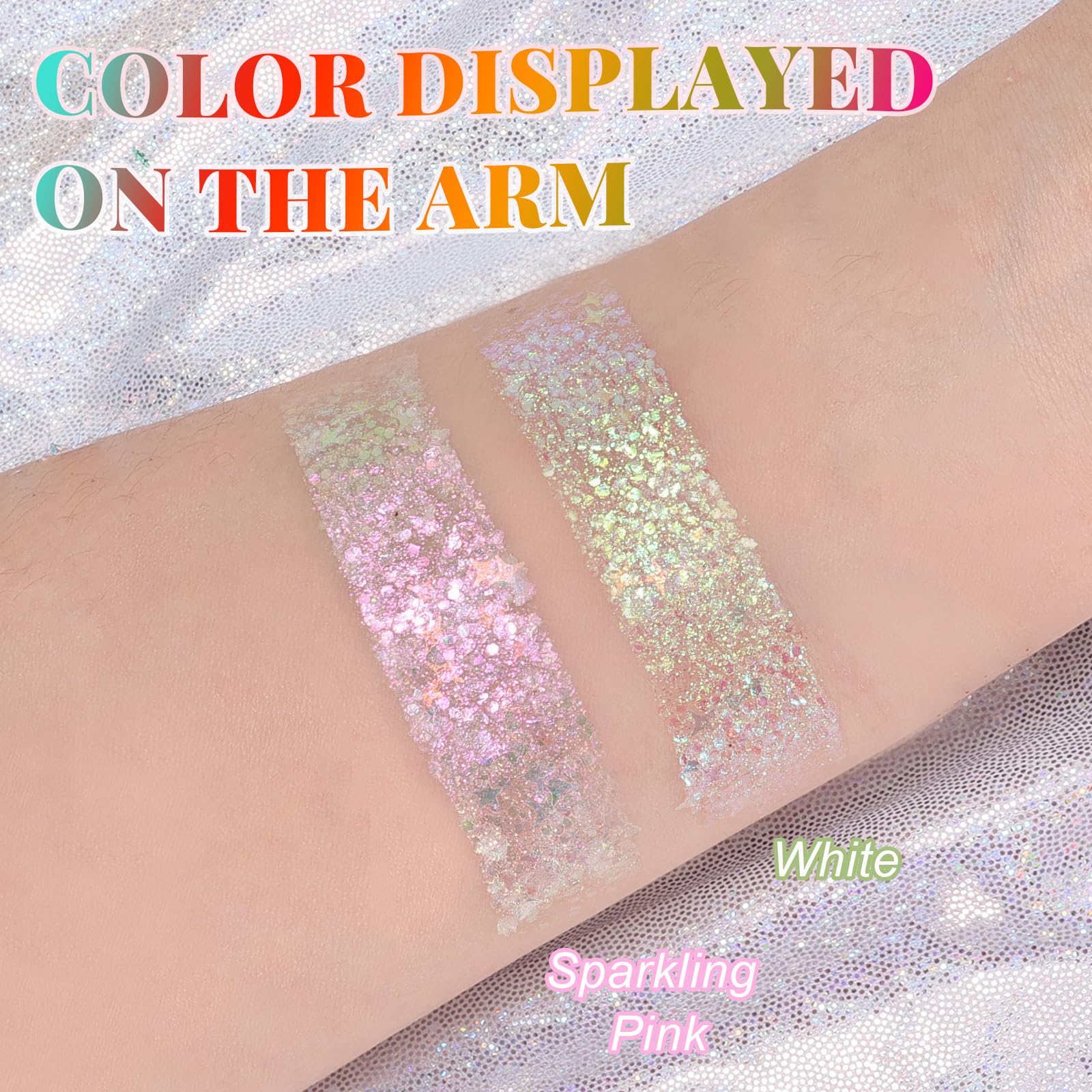 YBUETE glitter swipe on cheekbone demonstrating luminous highlight benefit