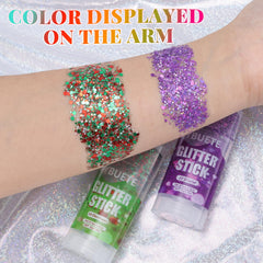 YBUETE applying glitter to cheekbone for instant highlight and photo-ready benefit