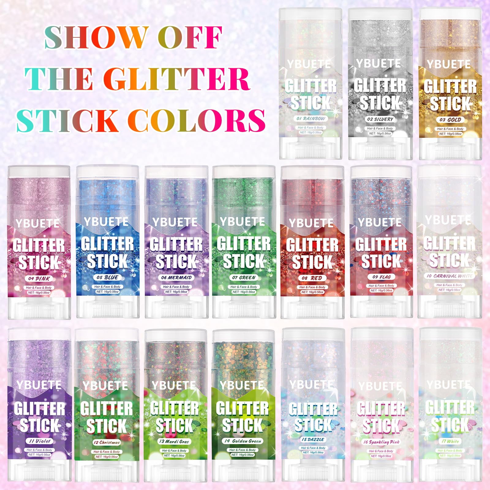YBUETE capped glitter stick highlighting secure twist-up design and travel benefit