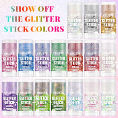 YBUETE capped glitter stick highlighting secure twist-up design and travel benefit