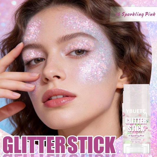 YBUETE close-up of pink glitter texture revealing reflective sparkle benefit
