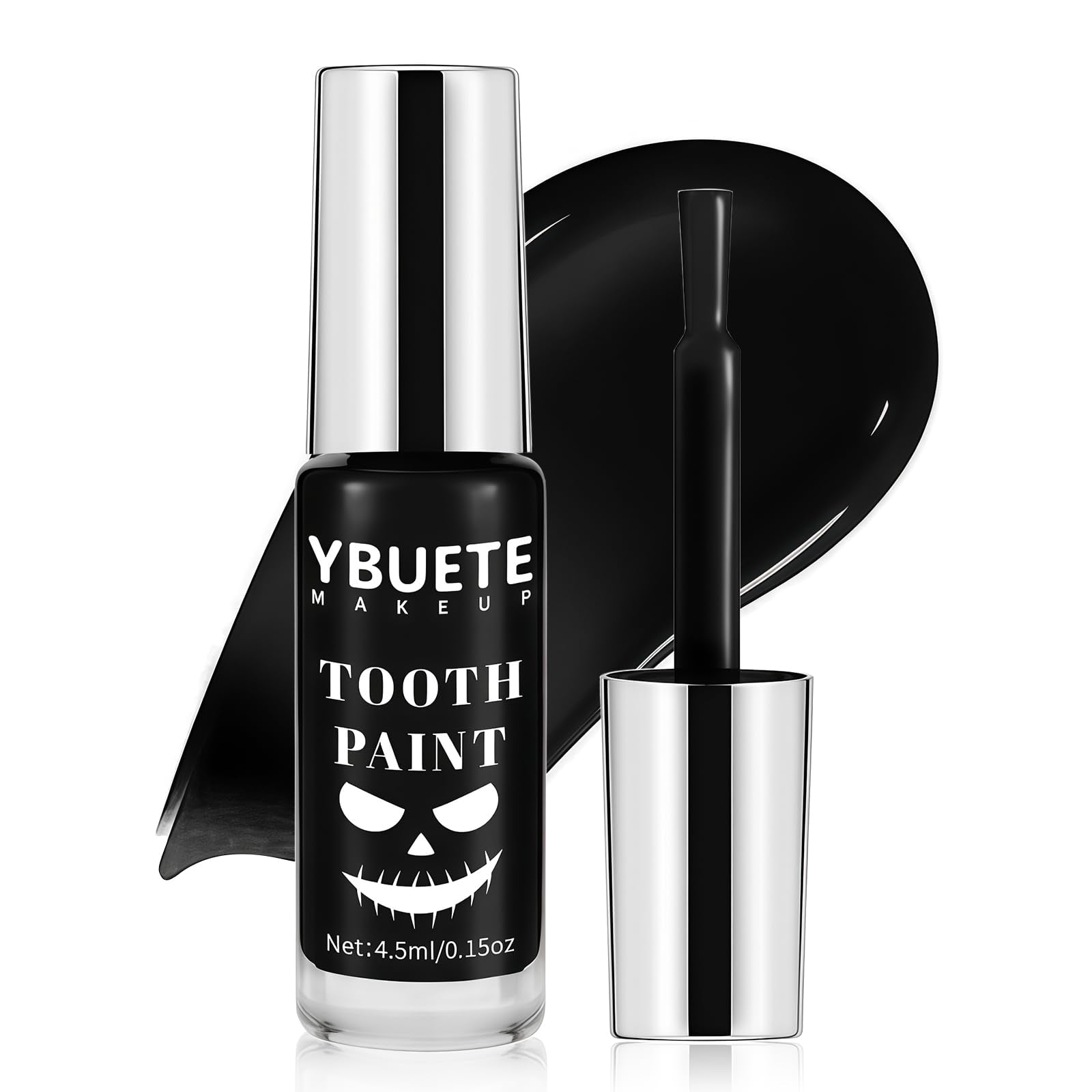 YBUETE front packaging showing black tooth paint bottle and label, clear product view benefit