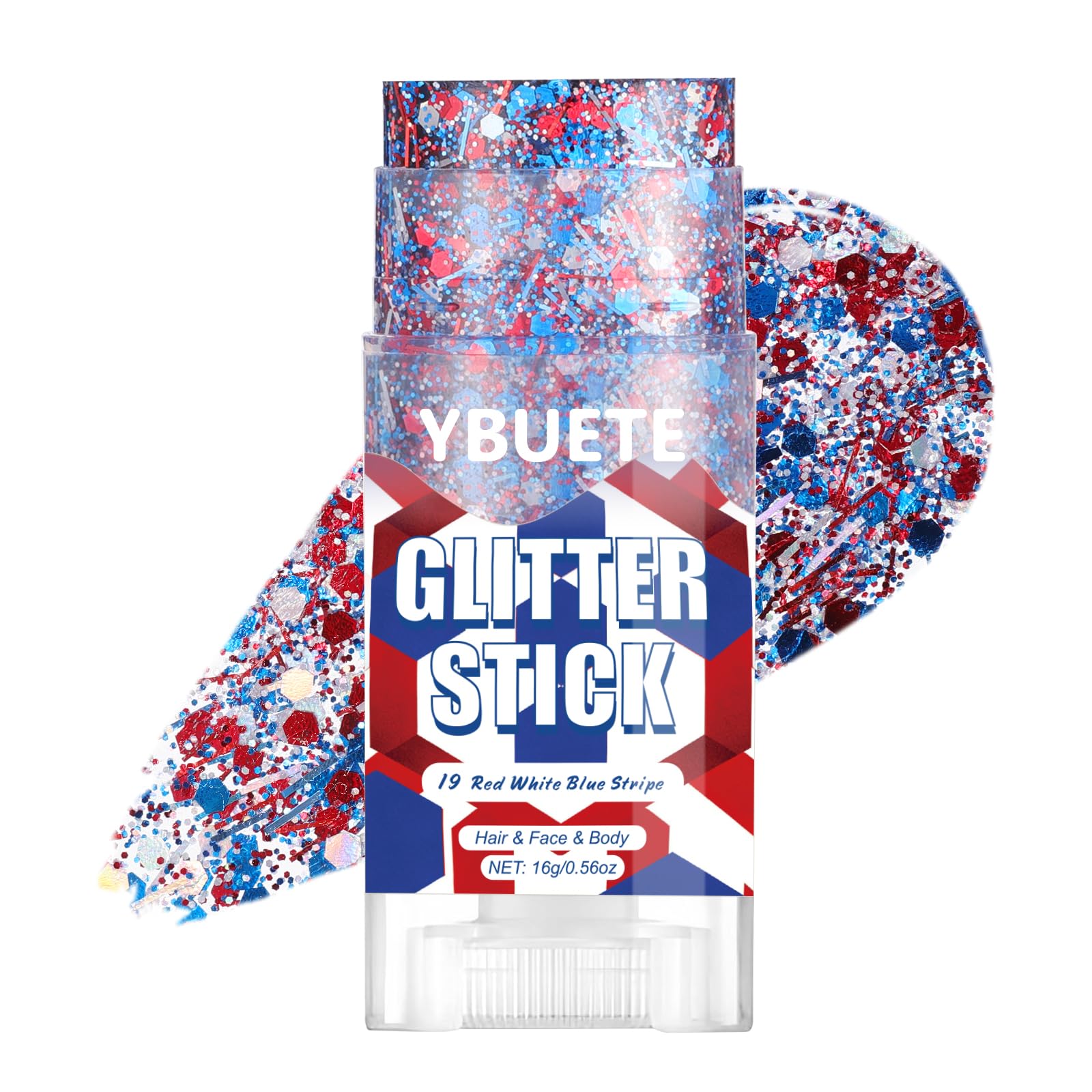 YBUETE front packaging showing red white blue glitter stick for portable patriot look