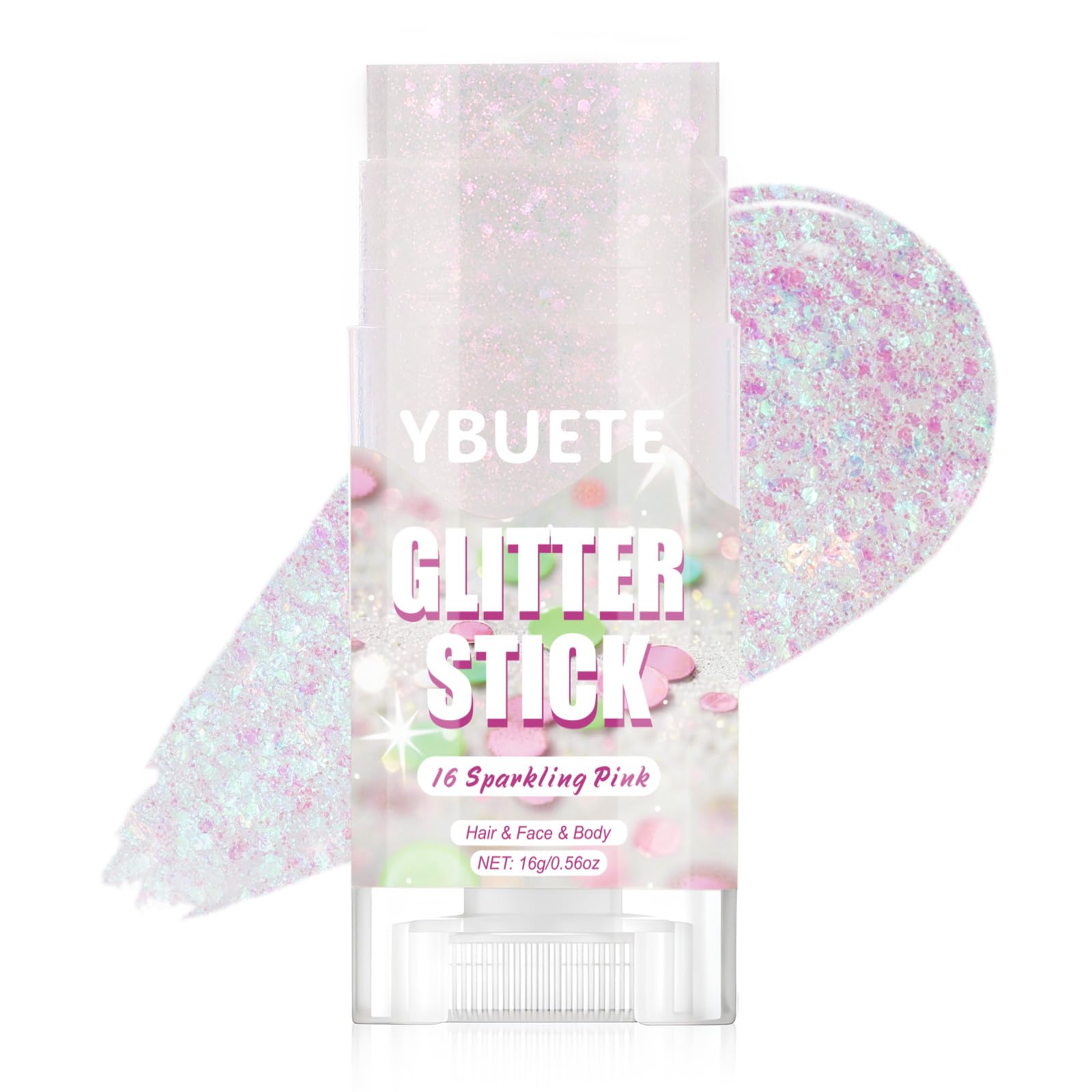 YBUETE front packaging of sparkling pink glitter stick showing size and color benefit