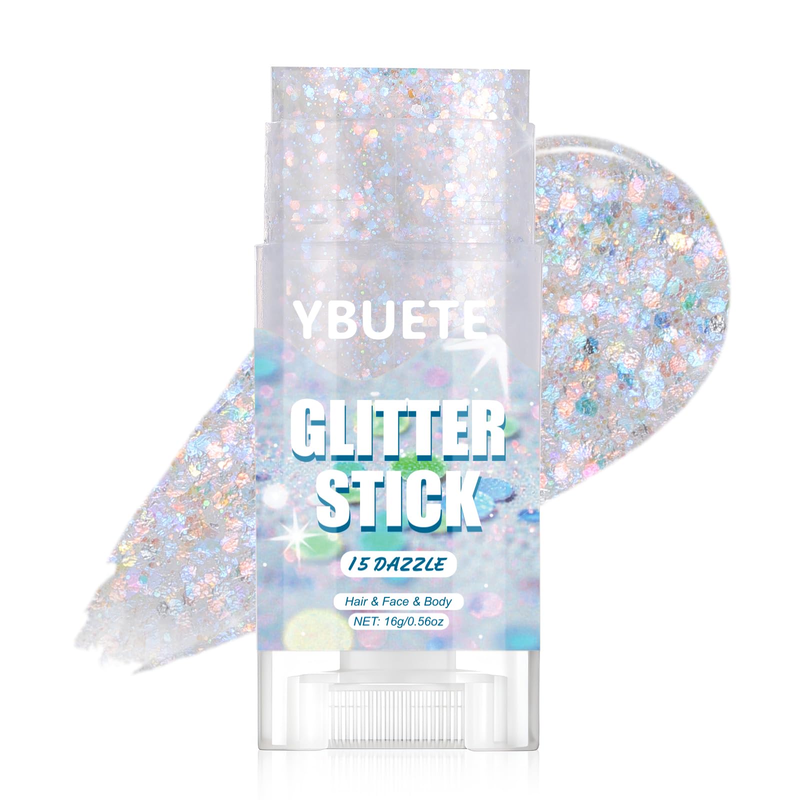 YBUETE front glitter stick showing twist-up design and neat cap benefit