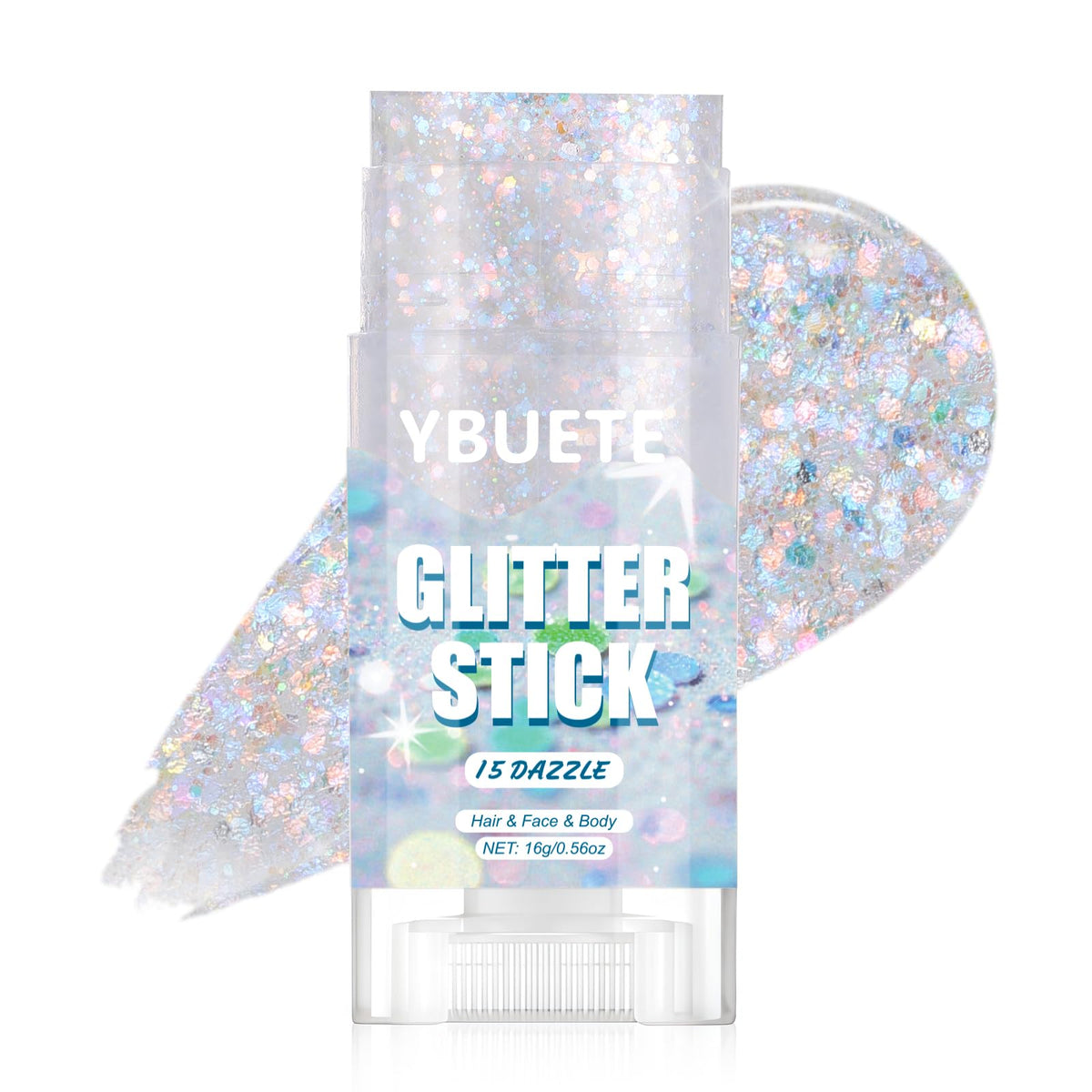 YBUETE front glitter stick showing twist-up design and neat cap benefit