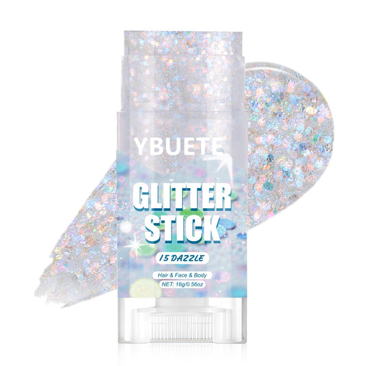YBUETE front glitter stick showing twist-up design and neat cap benefit