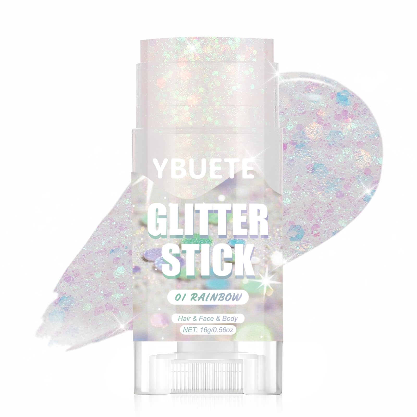 YBUETE glitter stick front view shows clean twist-up design and portability