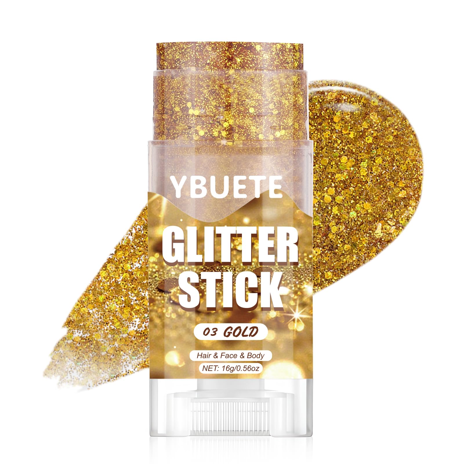 YBUETE gold glitter stick front view showing packaging and portability benefit