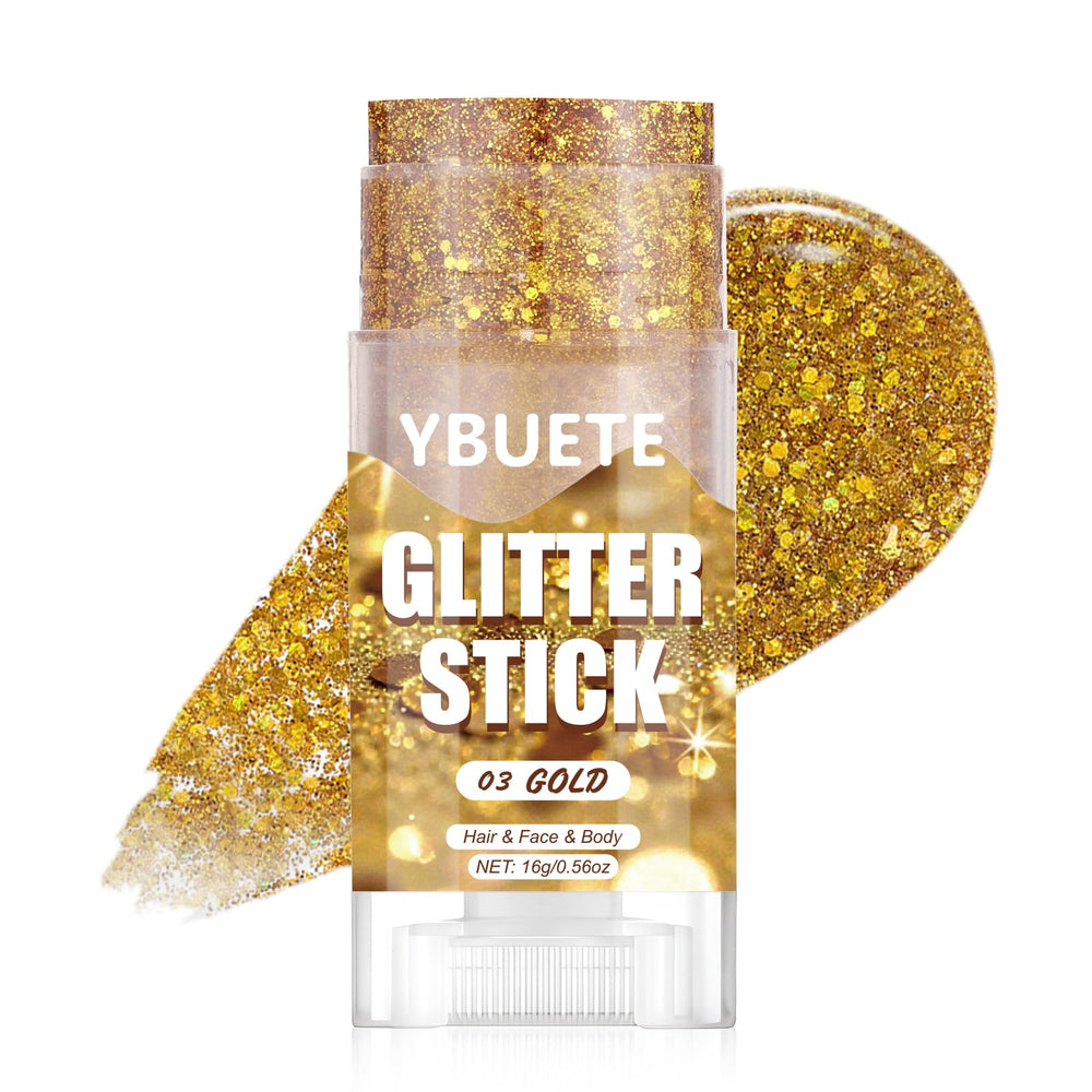 YBUETE gold glitter stick front view showing packaging and portability benefit