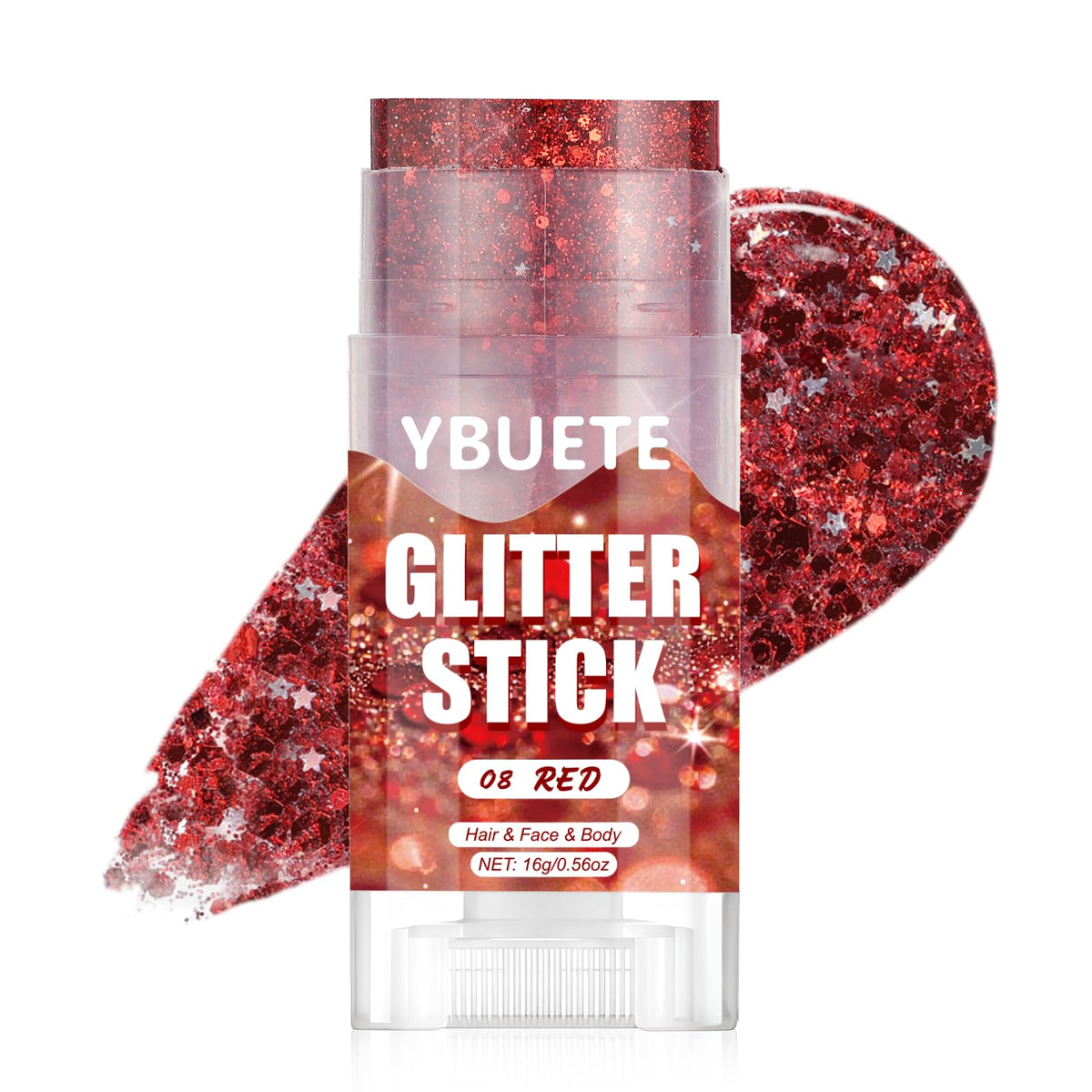 YBUETE red glitter stick front packaging showing product and cap benefit portability