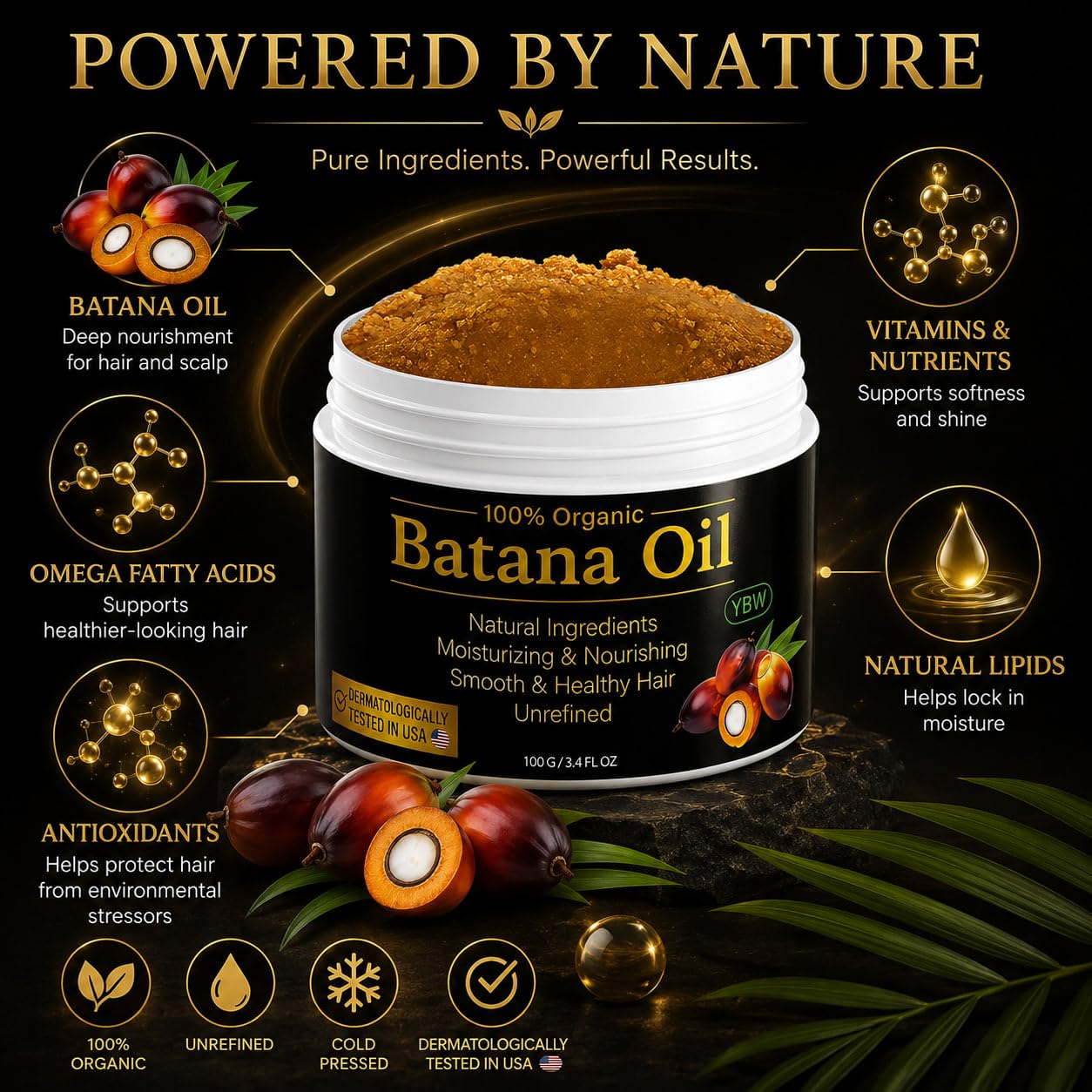 YBW batana paste label detail highlighting raw unrefined origin and ingredient clarity