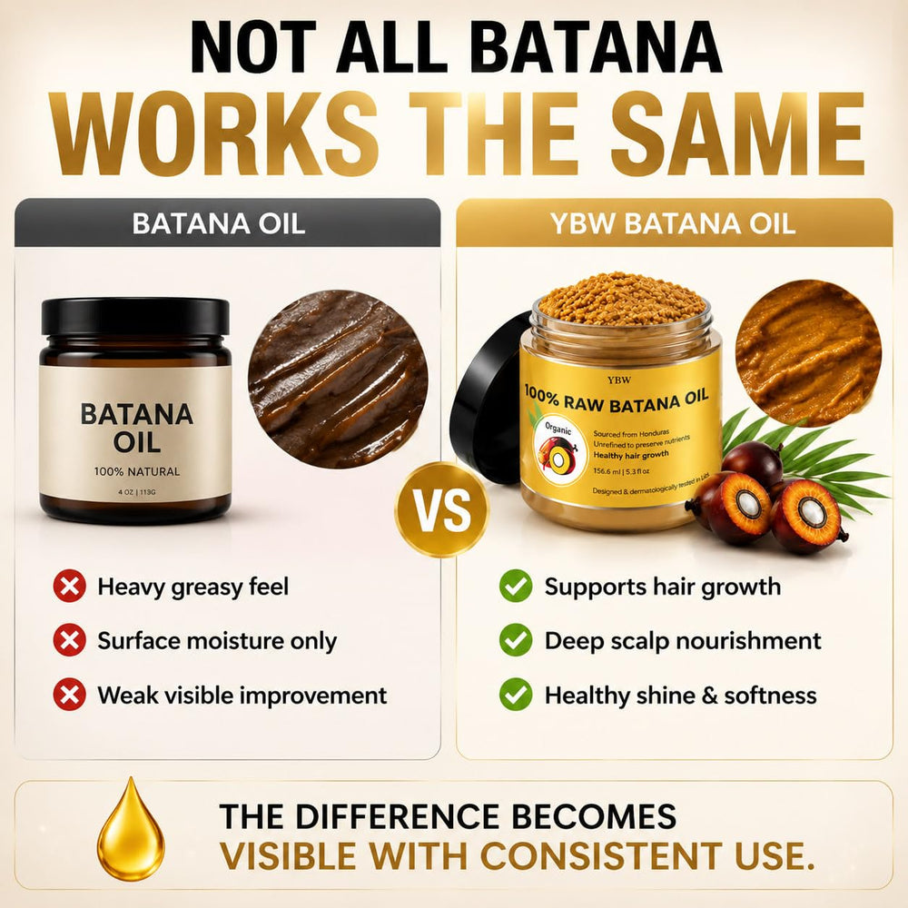 YBW batana paste on bathroom shelf in natural grooming routine
