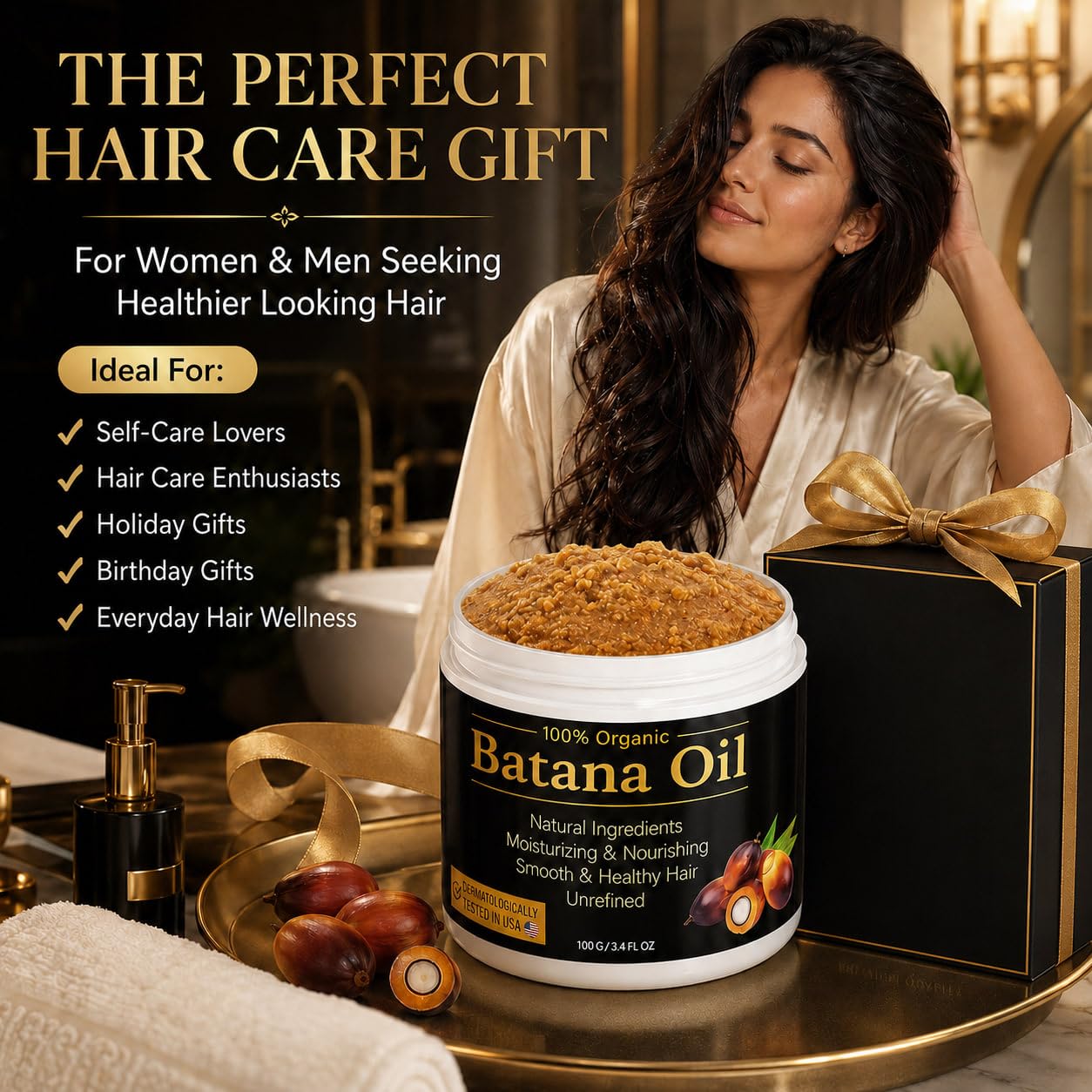 YBW batana paste on vanity in lifestyle scene suggesting daily hair-care nourishment