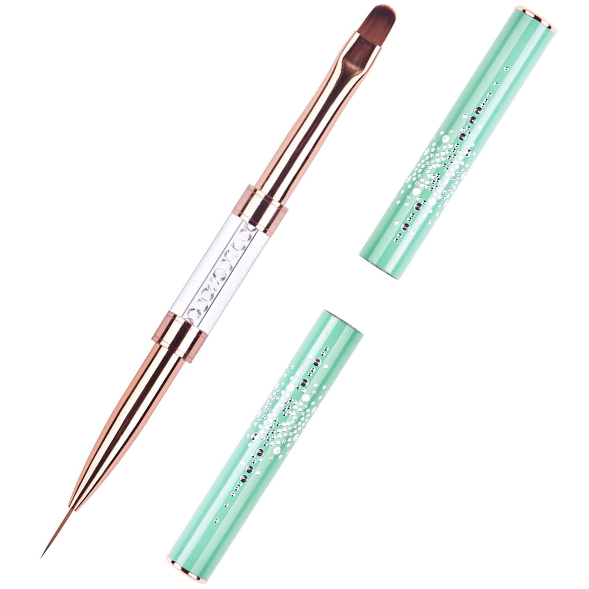 Ycyan front view of dual-ended brush showing both ends and handle, for versatile nail work