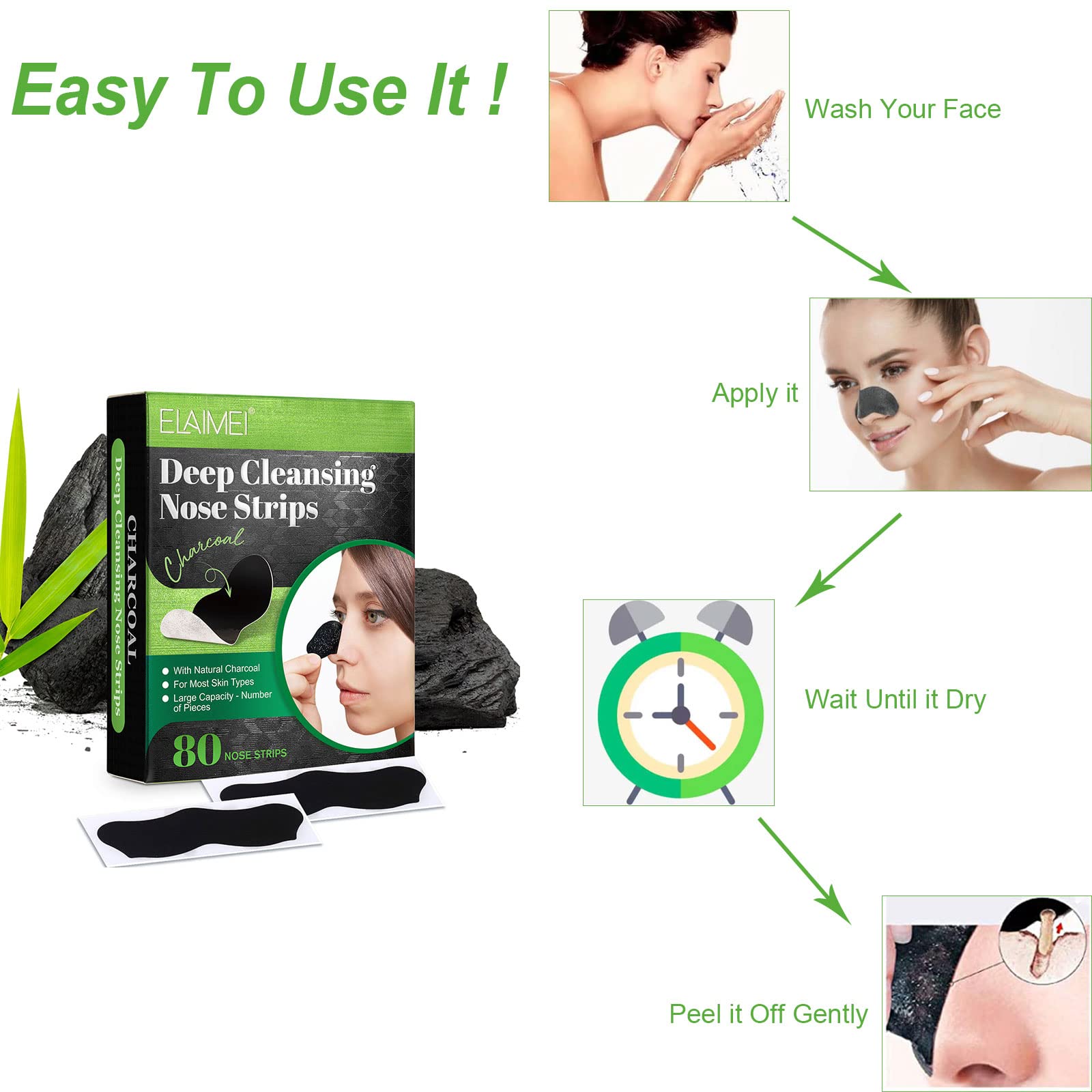 Yecuce ELAIMEI box opened with 80 individual nose strips visible