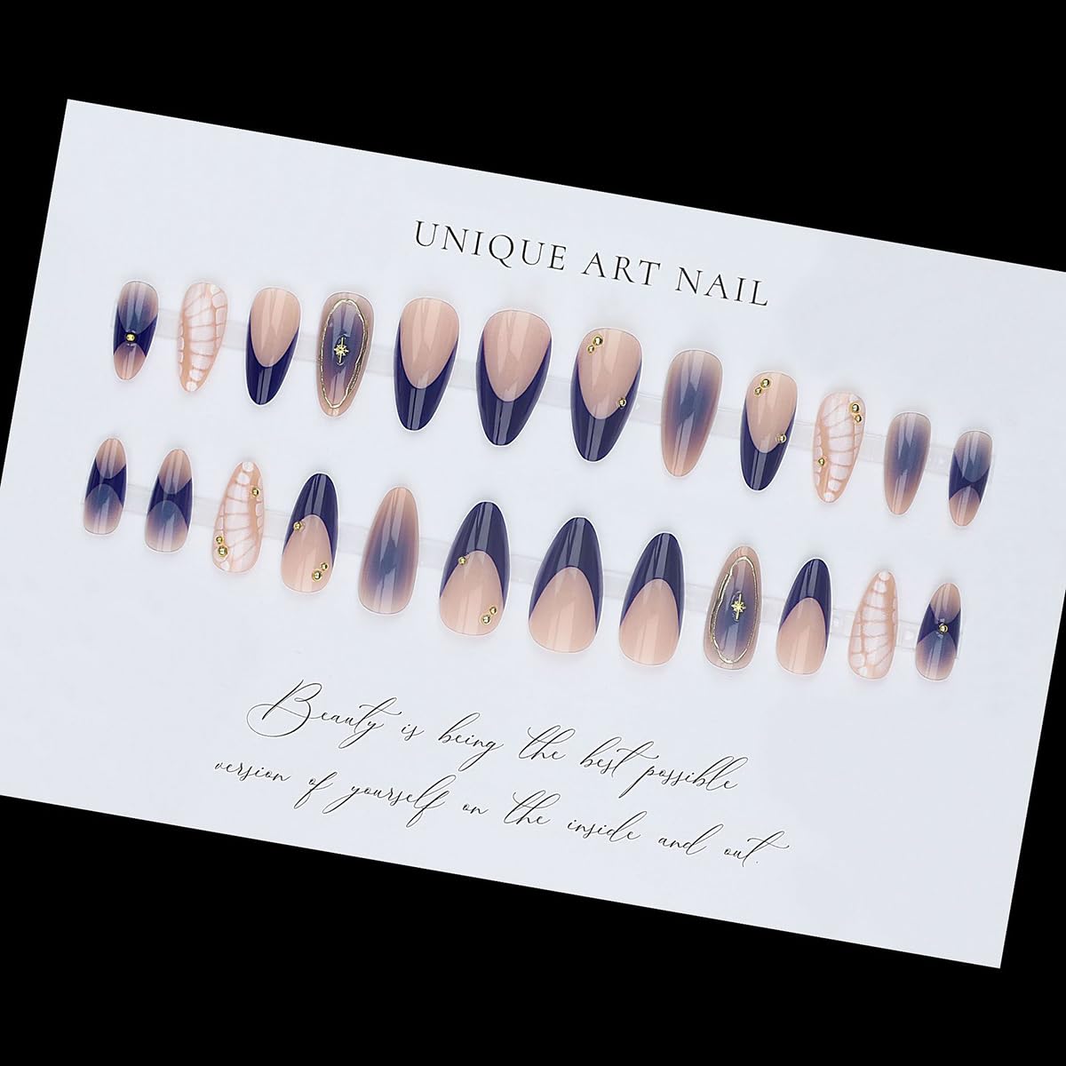 yefiuo nails worn on model hand showing how the blue French enhances outfits