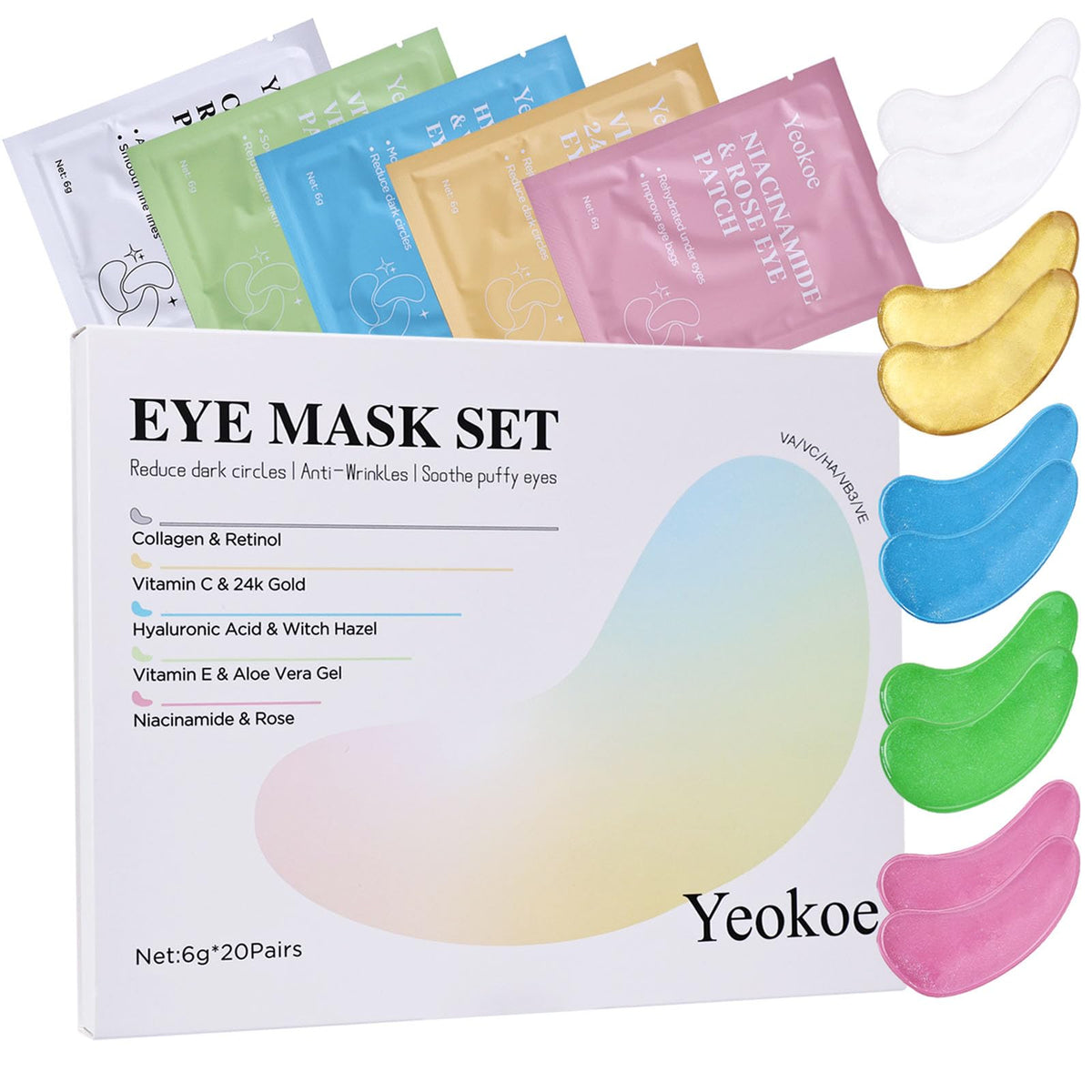 Yeokoe front packaging showing 20 pairs and variety of formulas for targeted care
