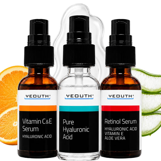 YEOUTH front packaging showing the three serums and benefits