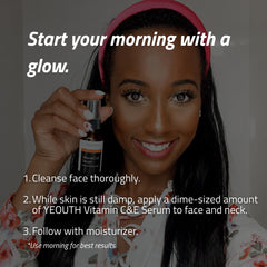 YEOUTH serum on bathroom counter in morning routine, conveys easy daily use and glow