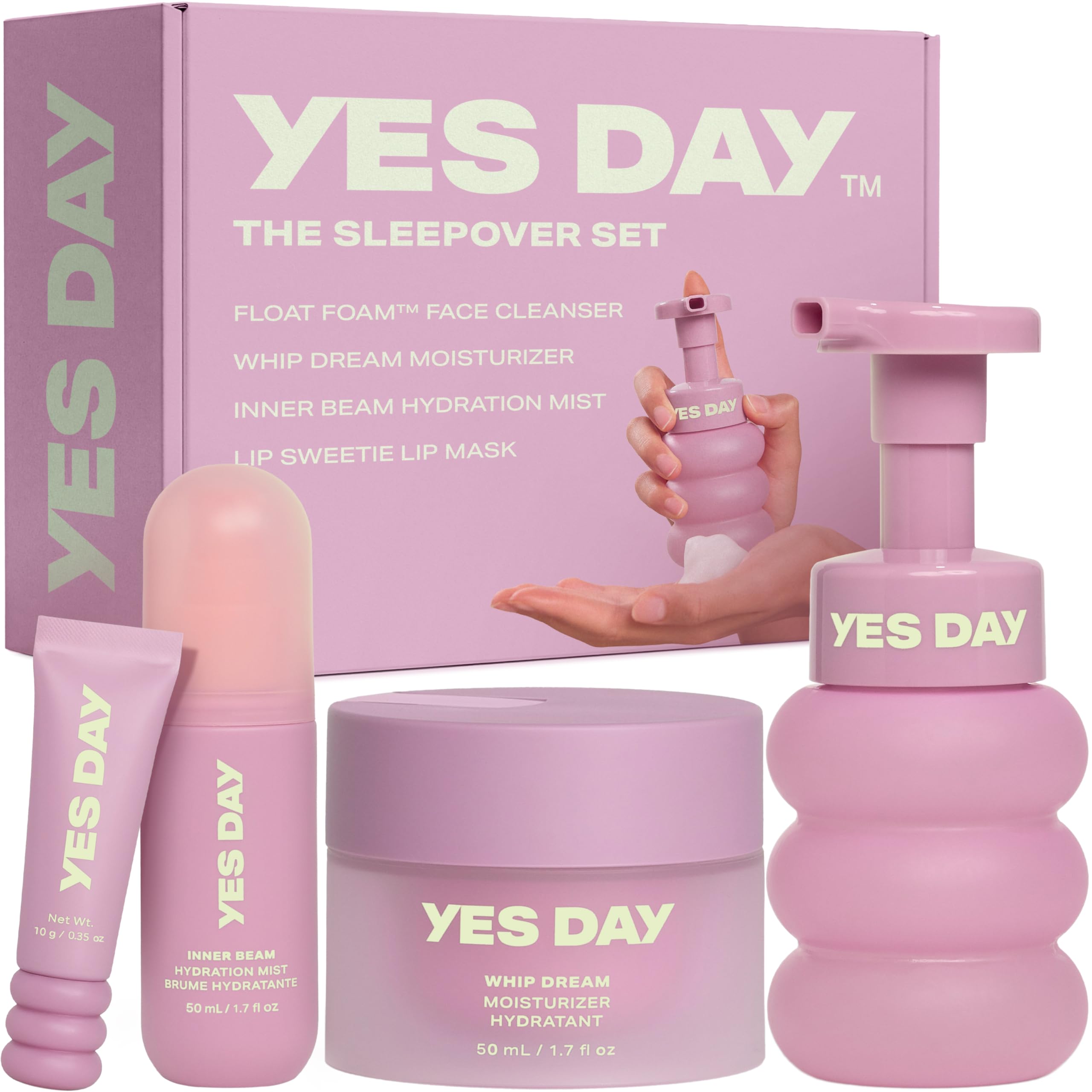 Yes Day Sleepover Set front packaging showing all four products and benefits