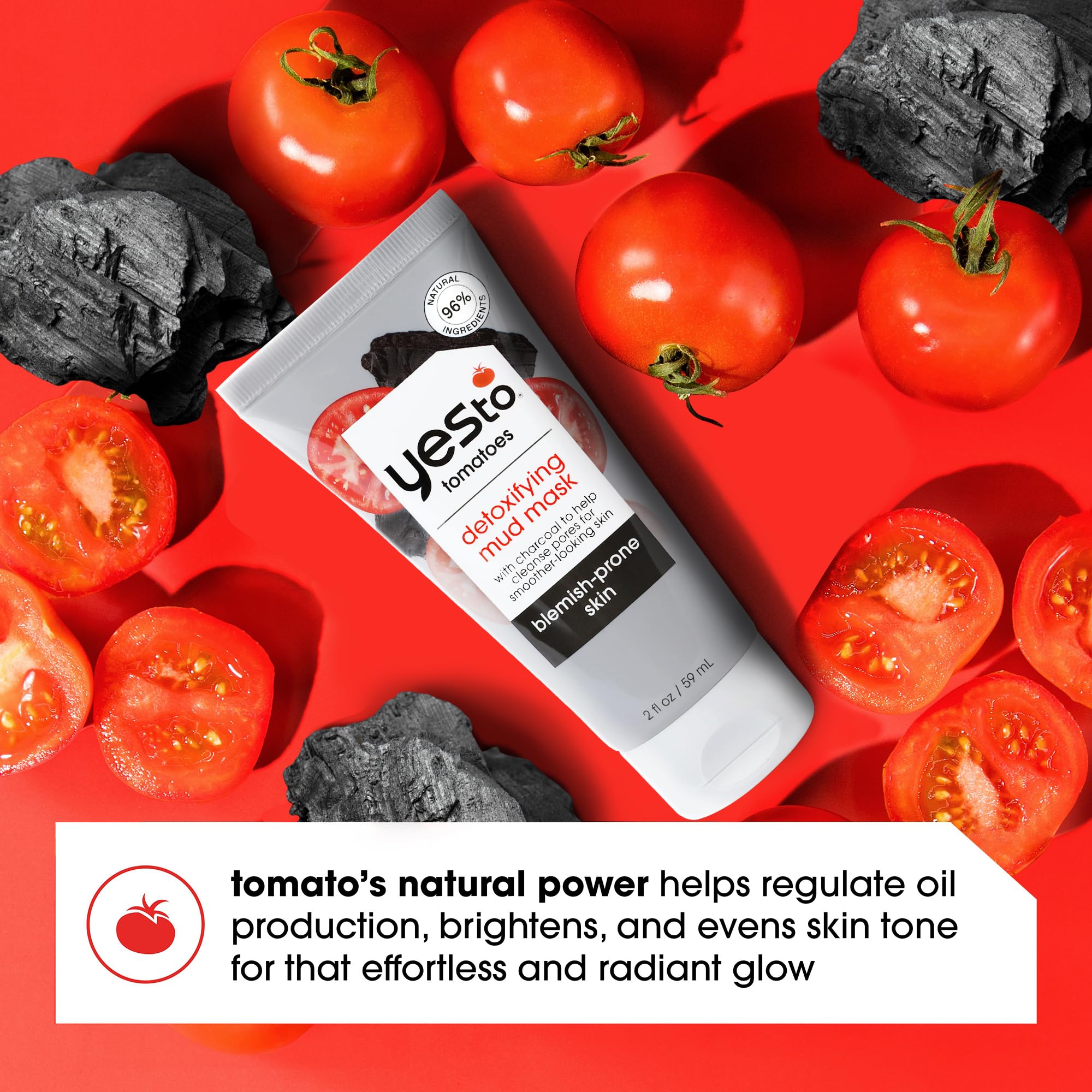 Yes To Tomatoes tomato extract beside product illustrating natural antioxidant ingredient benefit