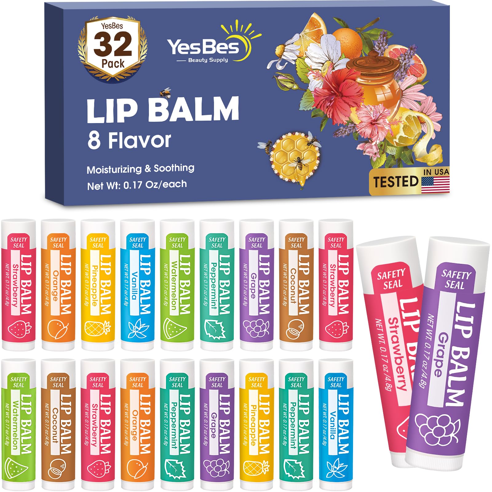 YesBes front packaging showing full 32-pack and flavor variety benefits convenience