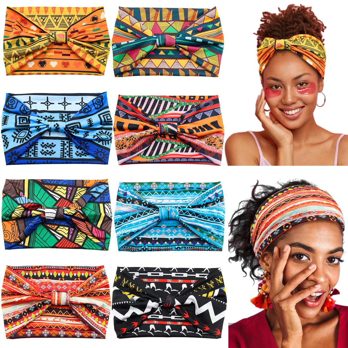 Yeshan front packaging view showing eight colorful headwraps and benefits