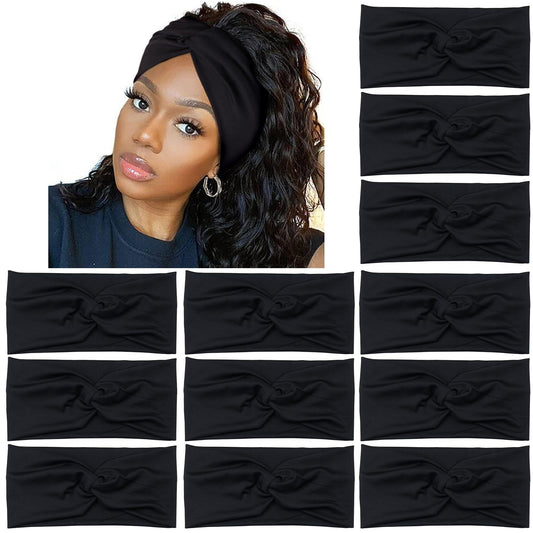 Yeshan front view of 12 black headbands showing pack and design benefit comfort