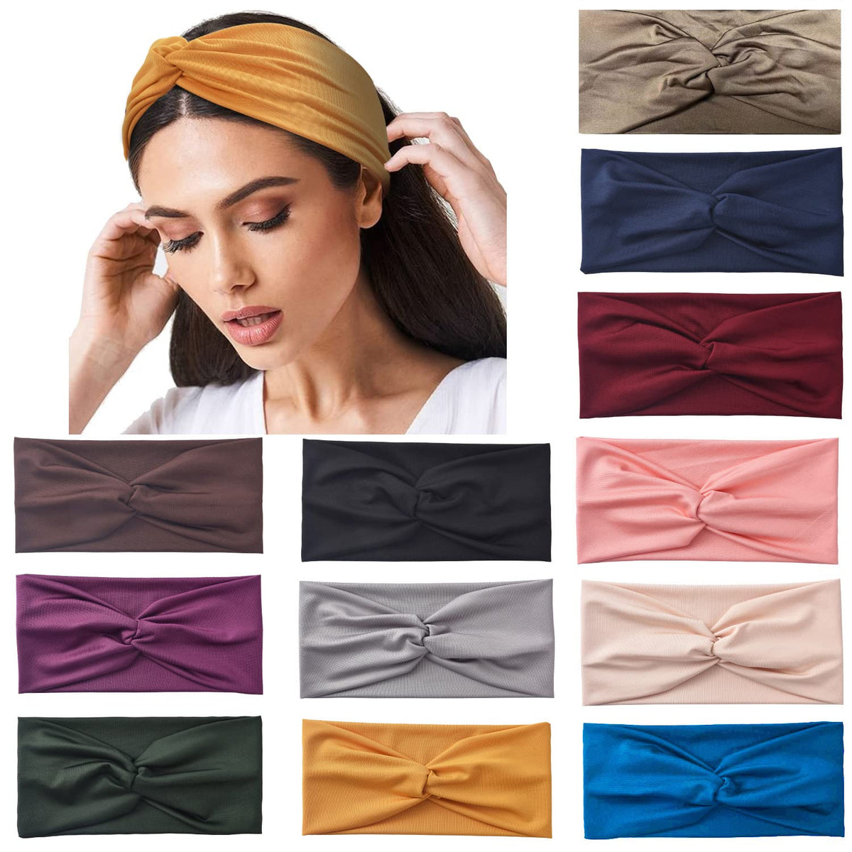 Yeshan headbands front pack showing all 12 colors and value pack benefit