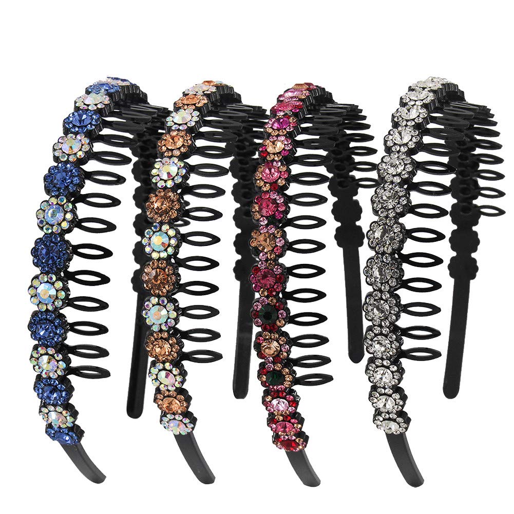 Yeshan front view of four headbands shows colors and sparkle, easy styling benefit