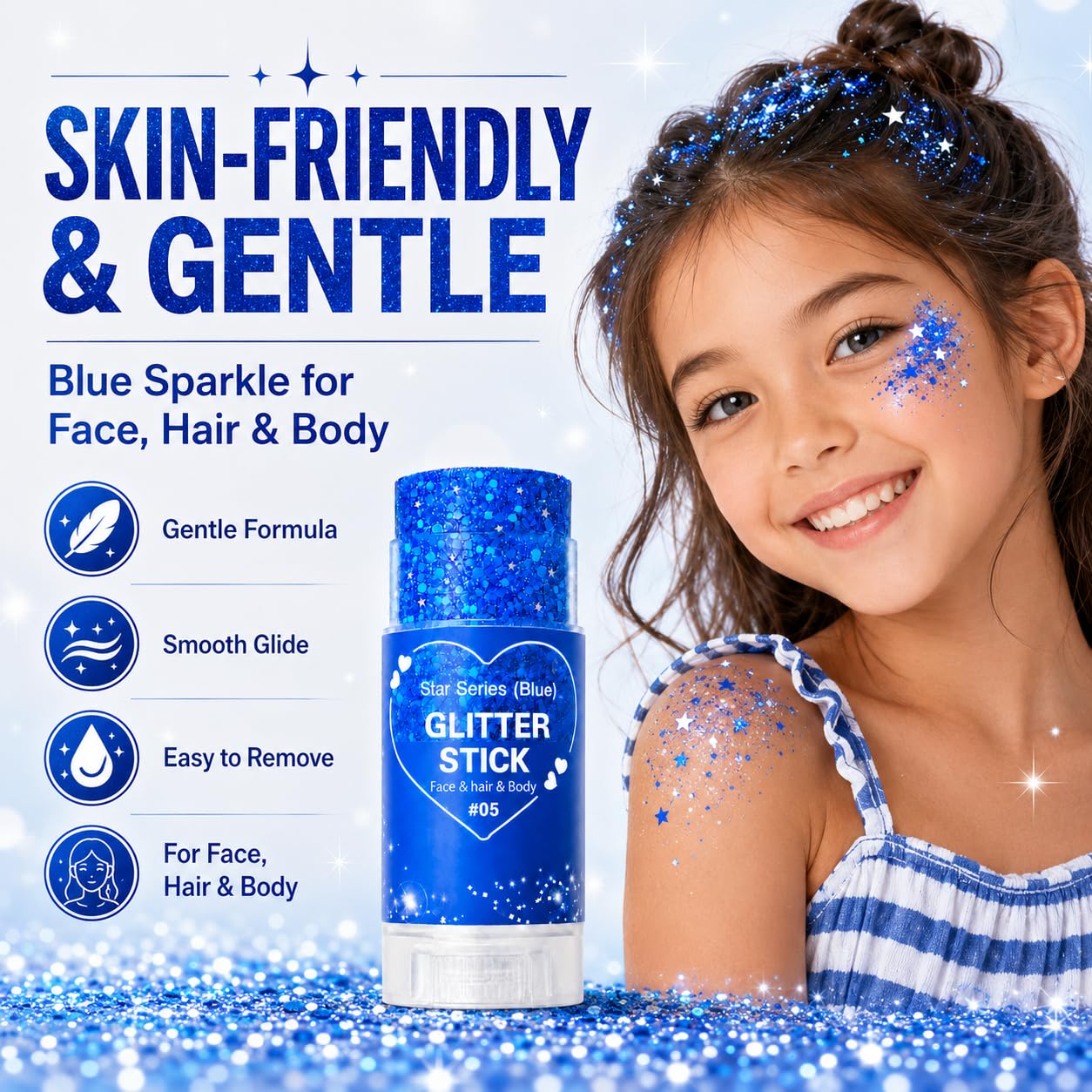 Yeweian blue glitter stick applied on cheek demonstrating bold festival-ready blue sparkle