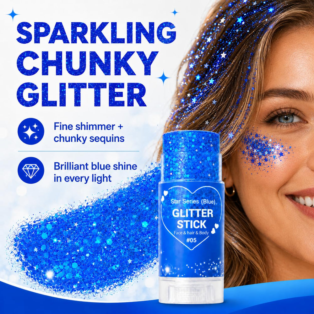 Yeweian blue glitter stick used along hairline illustrating secure, long-lasting shine