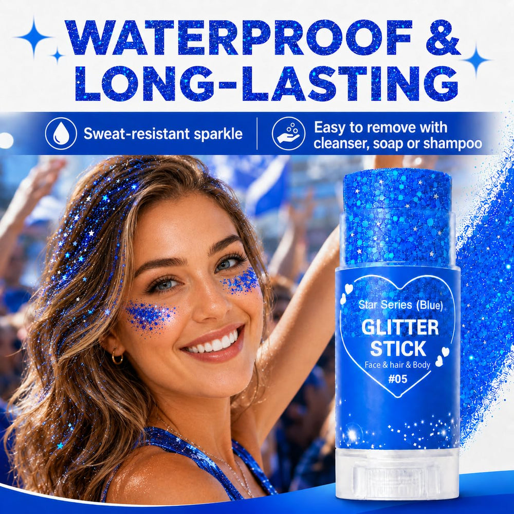 Yeweian blue glitter stick size comparison in hand for portable, travel-friendly convenience