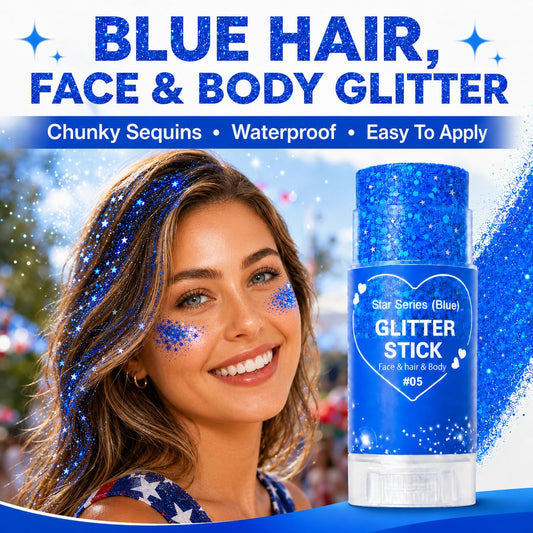 Yeweian blue glitter stick texture close-up highlighting smooth glide and chunky sparkle