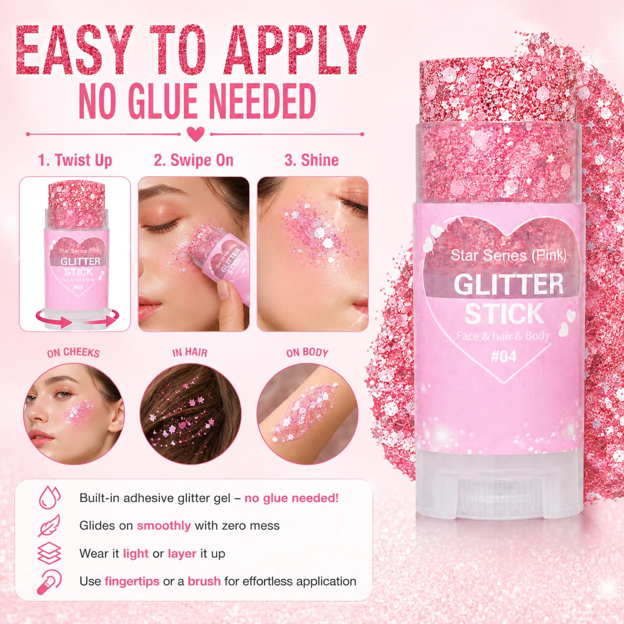 Yeweian glitter on cheek and temple showing subtle to bold face shimmer for events