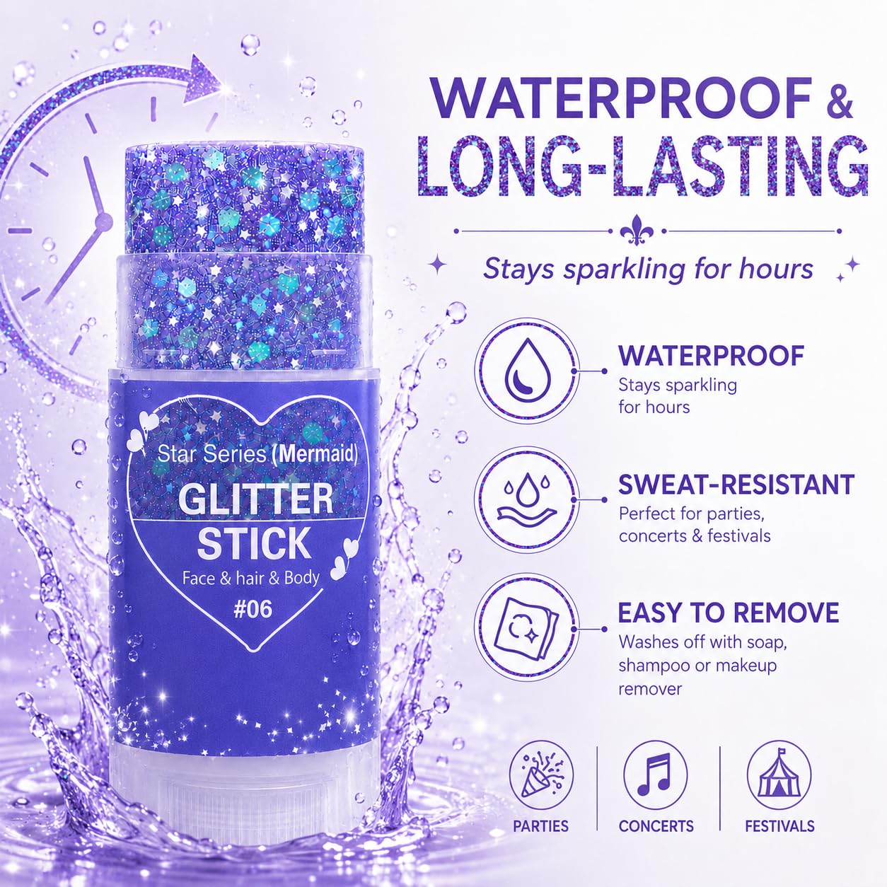 Yeweian cheek and temple glitter makeup showing vivid purple shine
