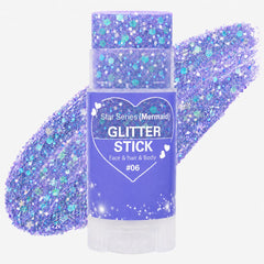Yeweian purple glitter stick front packaging showing product and shade benefits