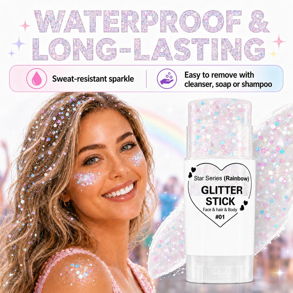 Yeweian glitter on hair parting with sequin accents, secures long-lasting style