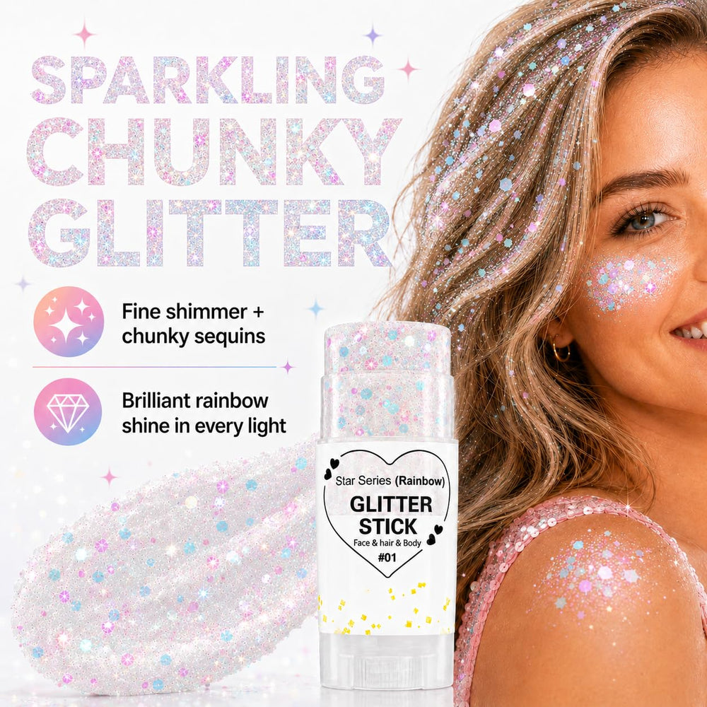 Yeweian stick being applied by hand to cheek, demonstrates quick wearable sparkle