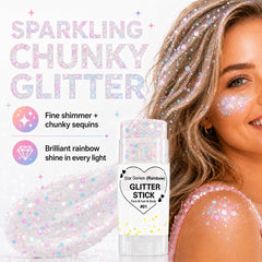 Yeweian stick being applied by hand to cheek, demonstrates quick wearable sparkle
