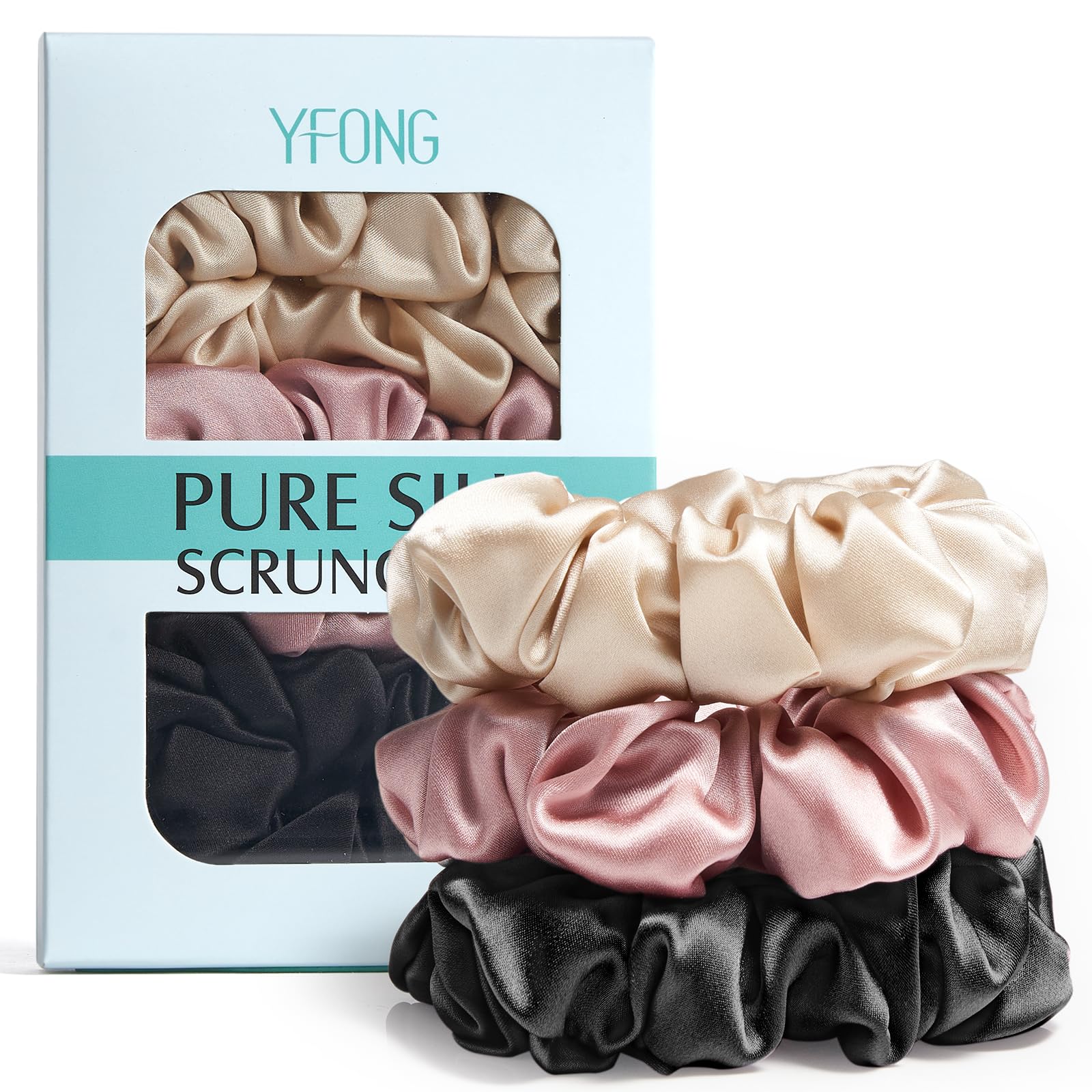 YFONG front packaging box showing three silk scrunchies and gift-ready presentation benefits
