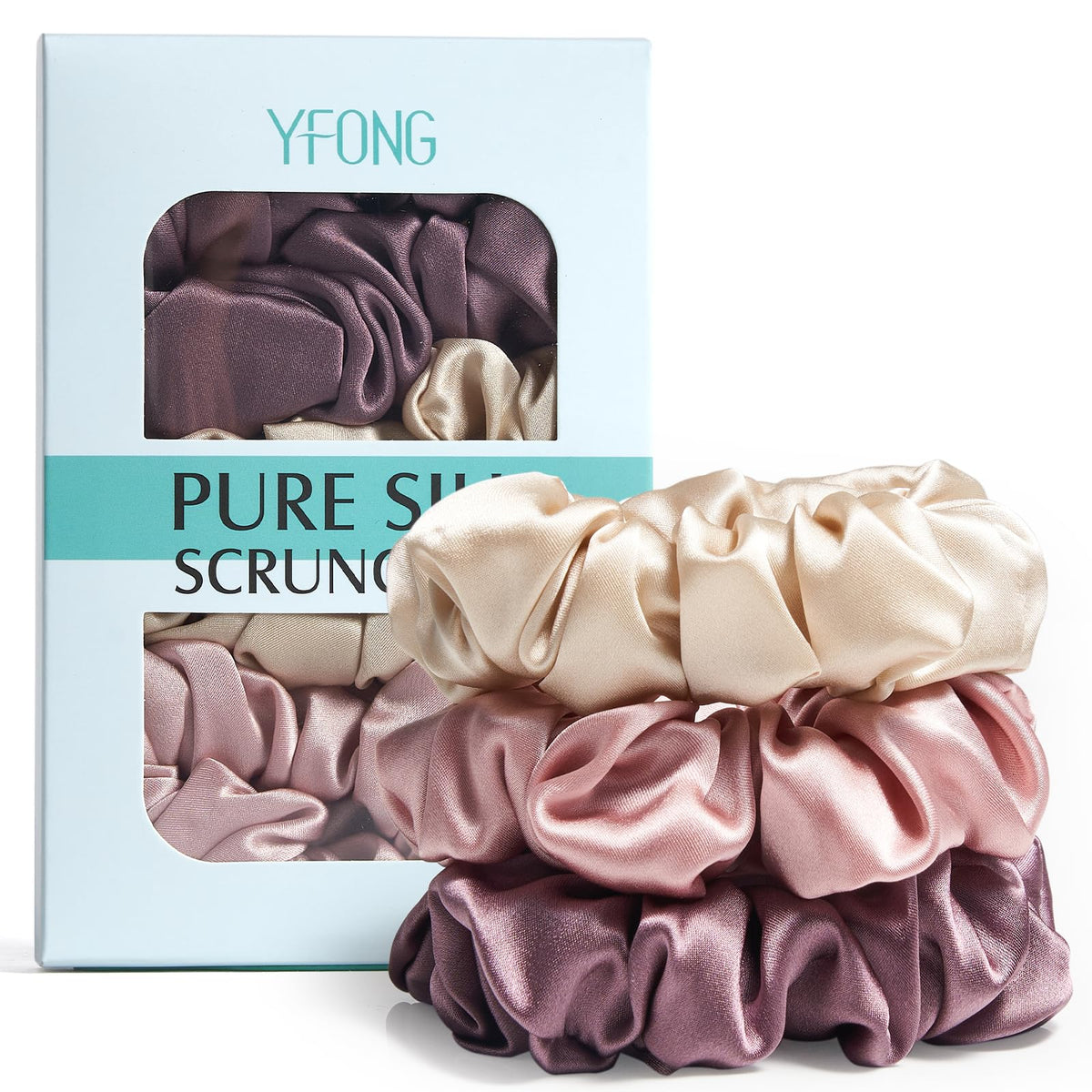 YFONG front packaging box with three silk scrunchies, gift-ready presentation benefit