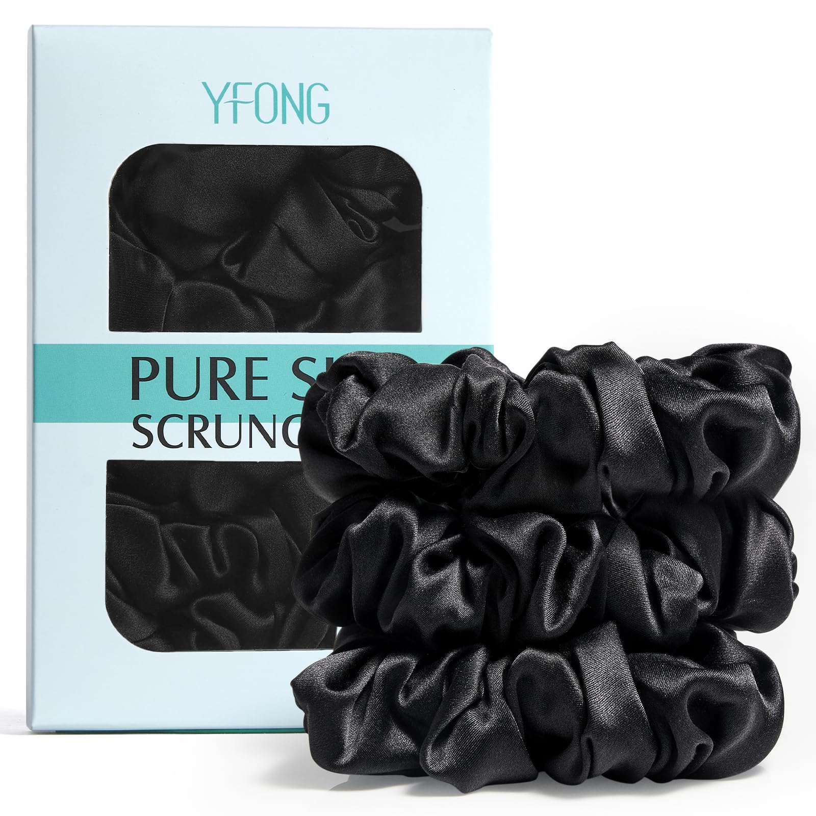 YFONG front packaging box showing three silk scrunchies and gift-ready presentation